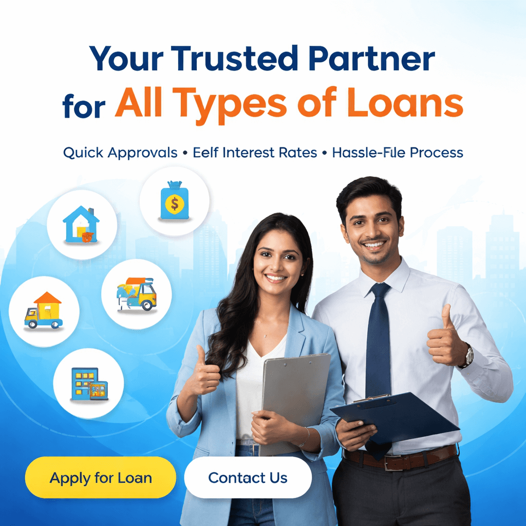 Shine Business Service loan banner showing professional advisors promoting home, personal, business, agriculture, and project loan services with quick approval and low interest rates.