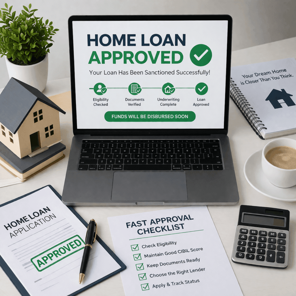 fast home loan approval process in India with checklist documents and approved loan concept on desk setup