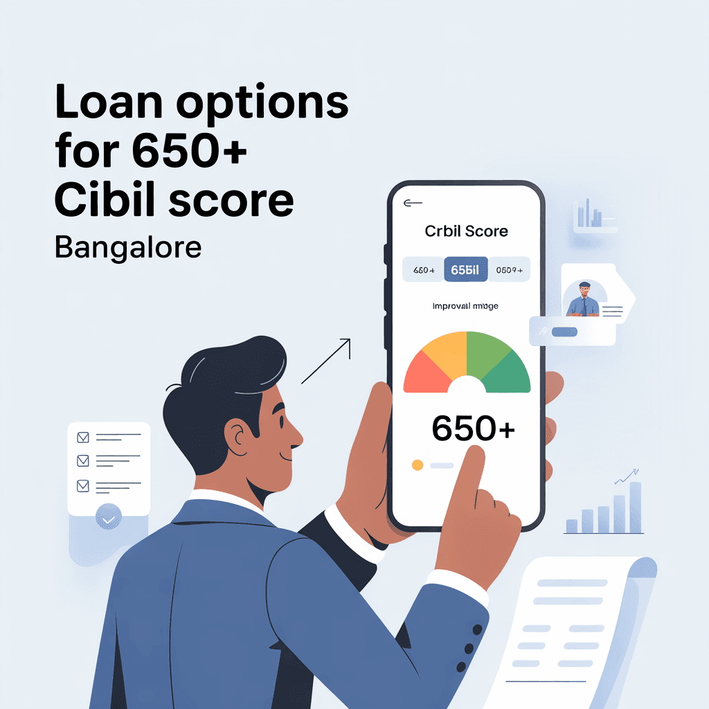 Loan options for 650 plus CIBIL score in Bangalore showing credit score improvement and loan eligibility concept