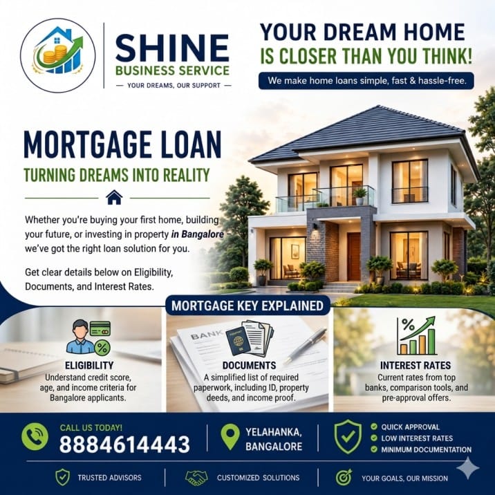 Shine Business Service mortgage loan infographic for Bangalore, featuring a modern house and explanatory panels for eligibility, documents, and interest rates.
