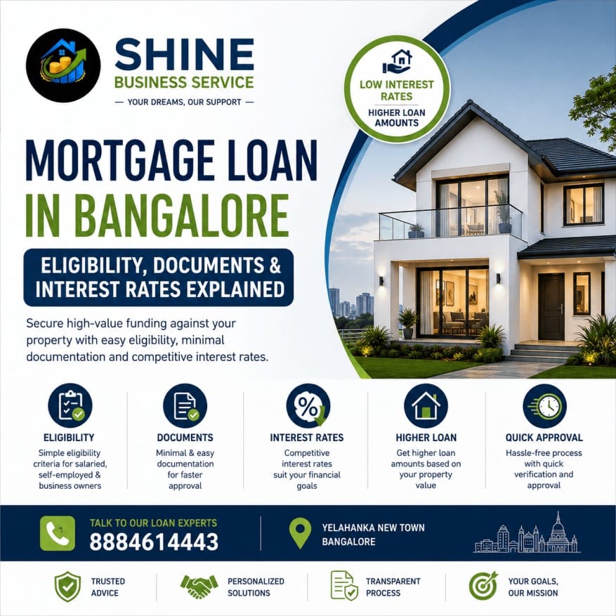 Mortgage loan services in Bangalore with eligibility details, required documents, and competitive interest rates by Shine Business Service