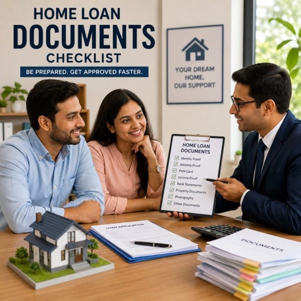 Home loan advisor explaining the documents required for a home loan in Bangalore to a couple during a loan consultation.
