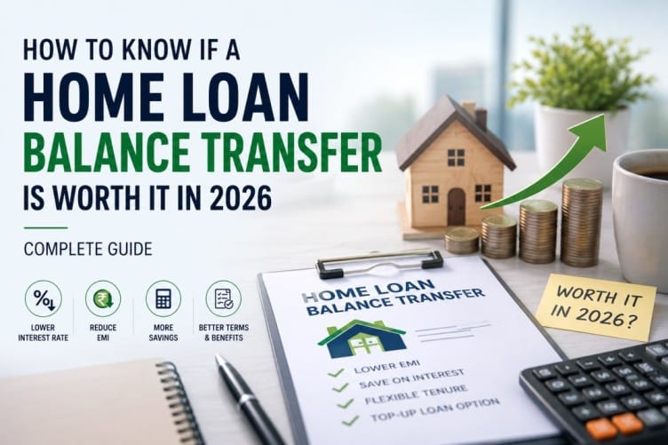 Illustration showing how to evaluate whether a home loan balance transfer is worth it in 2026 by comparing interest rates, EMI savings, and loan benefits.
